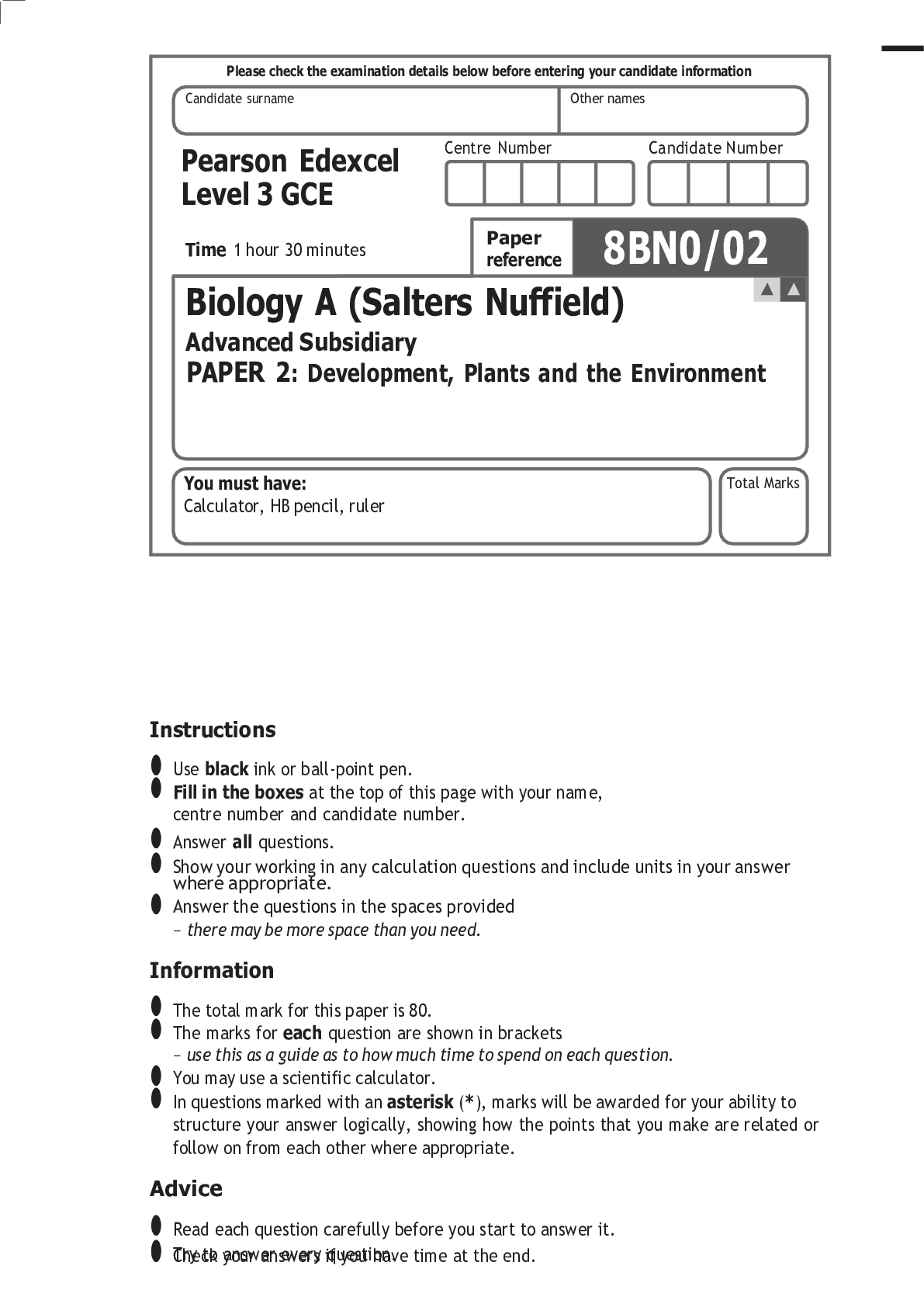 Preview image for Pearson Edexcel Level 3 GCE Biology A (Salters Nuffield) Advanced Subsidiary PAPER 2: Development, Plants and the Environment